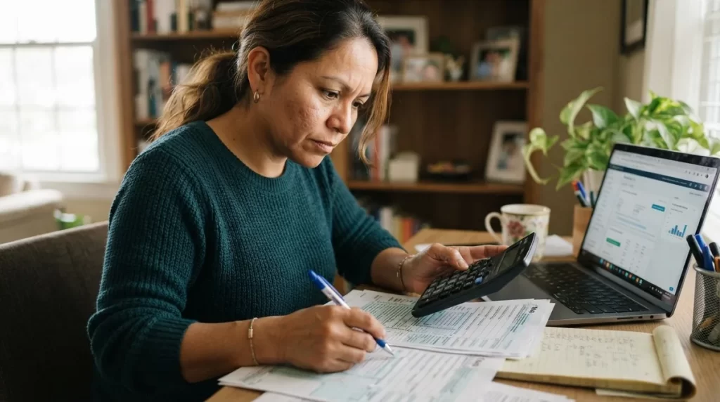 Mujer revisando sus documentos fiscales con calculadora: declaracion de ISLR persona natural
