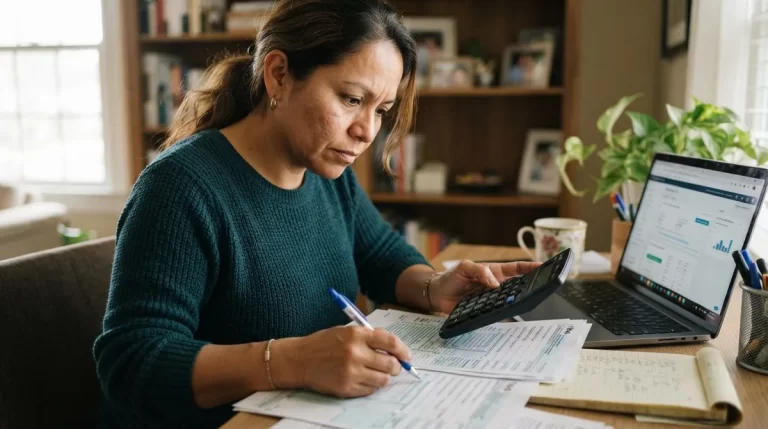 Mujer revisando sus documentos fiscales con calculadora: declaracion de ISLR persona natural