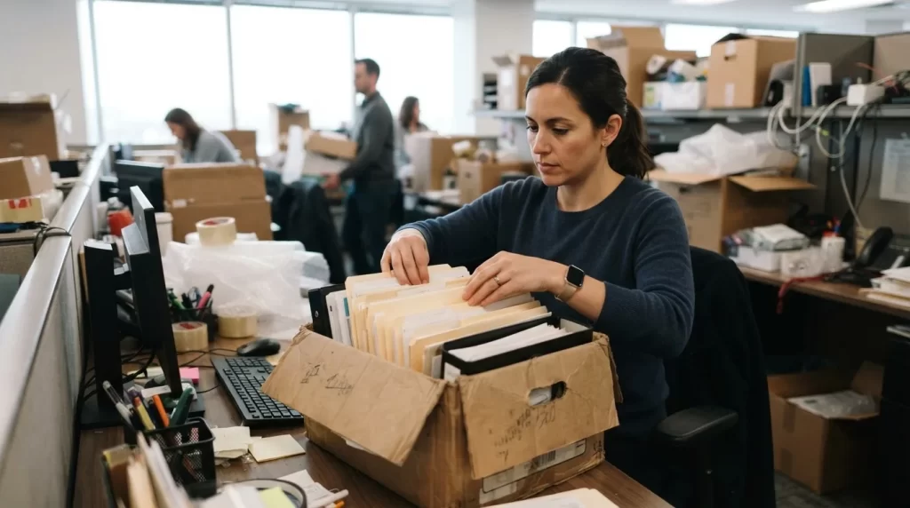 Oficina en proceso de mudanza con cajas de carton y una persona organizando documentos