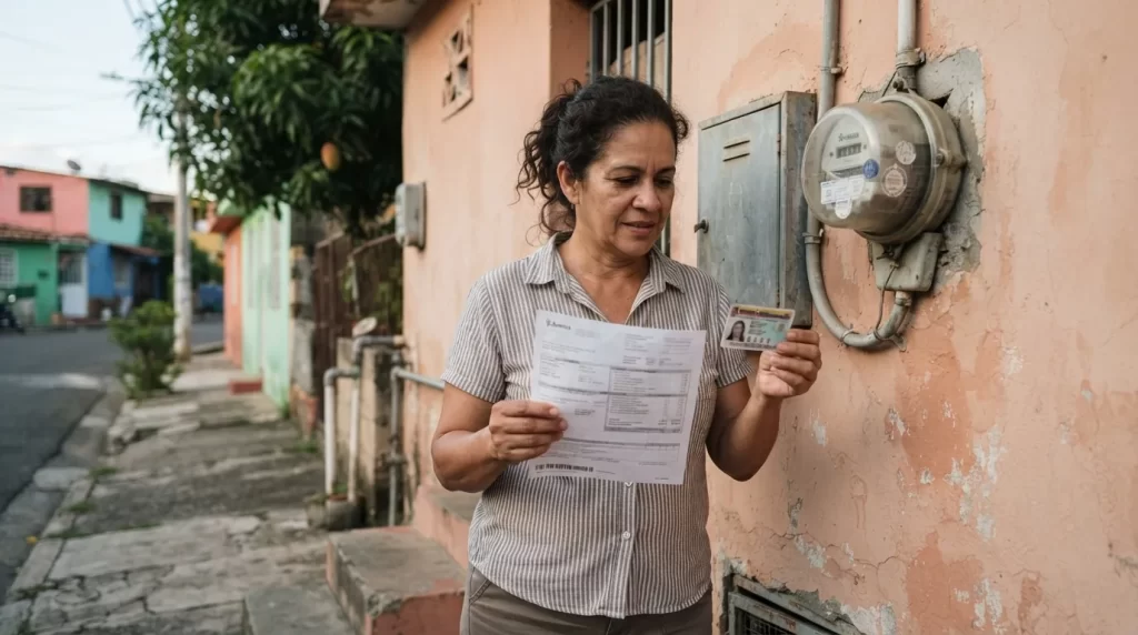 Persona revisando la factura de electricidad frente al medidor para el cambio de titularidad en Corpoelec