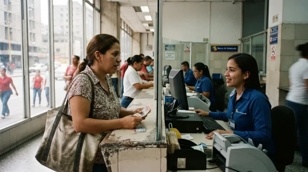 Cliente atendido por una cajera en el mostrador de una agencia bancaria