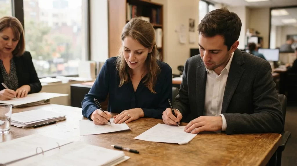 Pareja joven firmando documentos con un anillo de compromiso visible en una oficina