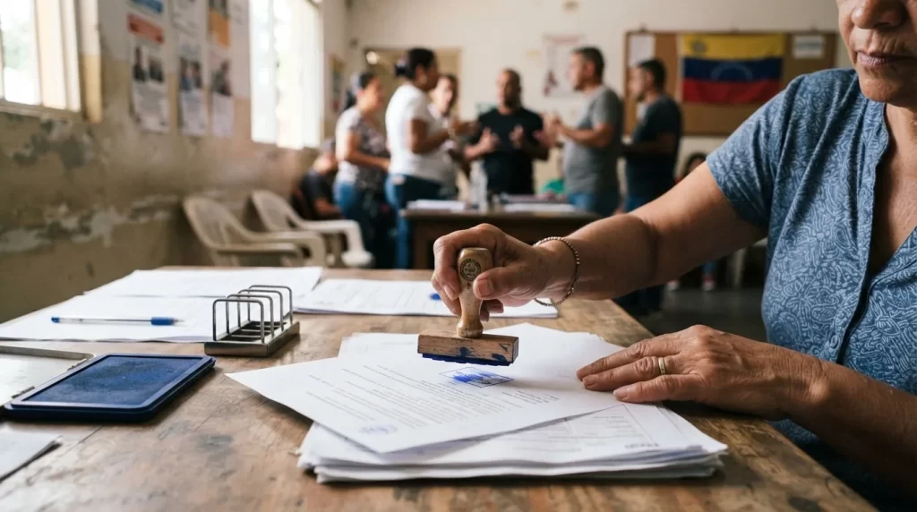 Vocero colocando un sello humedo sobre la carta de residencia en una sede comunal