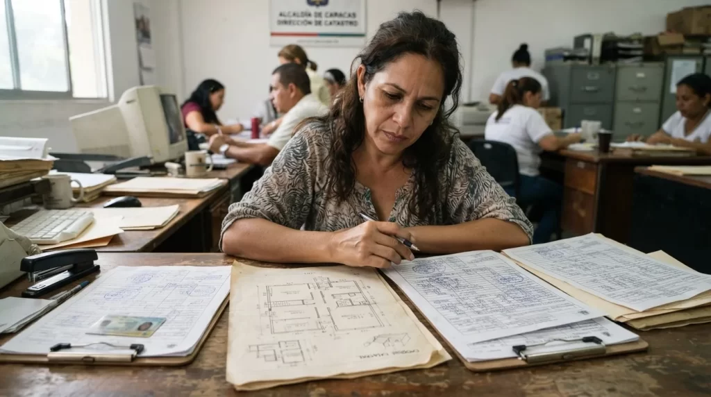 Persona revisando el documento de propiedad y un plano en una oficina de catastro municipal