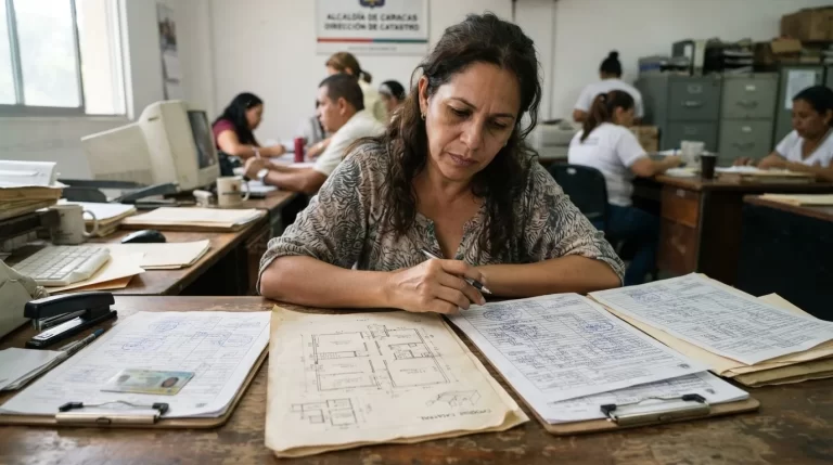 Persona revisando el documento de propiedad y un plano en una oficina de catastro municipal