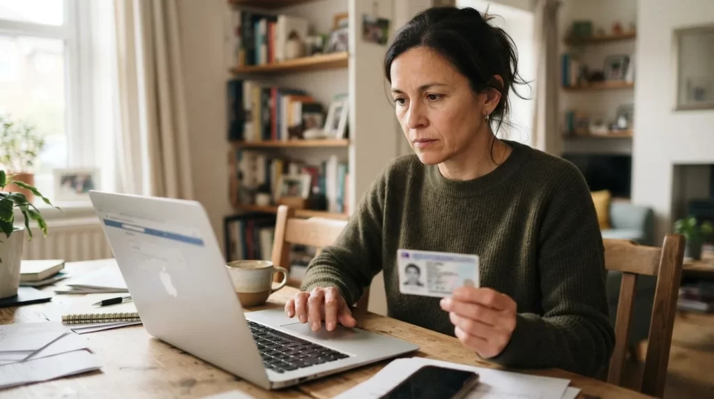 Persona verificando en linea si esta solicitada, con su cedula en la mano
