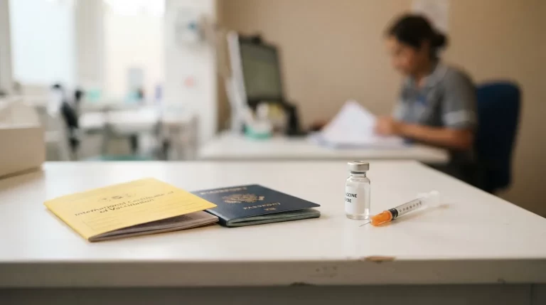 Certificado internacional de vacunacion junto a un pasaporte y una vacuna