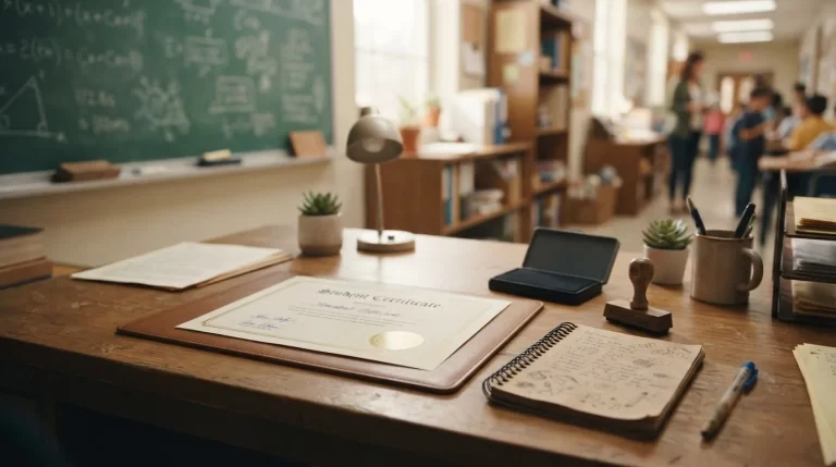 Escritorio de oficina escolar con una constancia firmada un sello y un pizarron al fondo