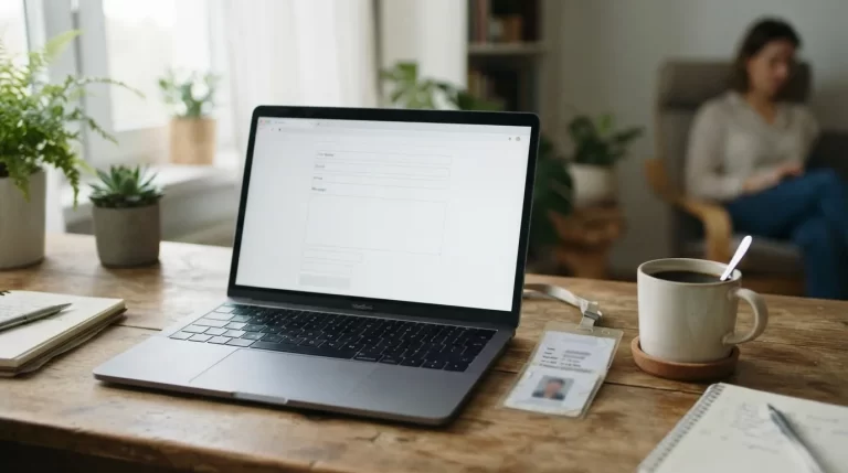 Laptop mostrando un formulario web junto a una cedula y una taza de cafe