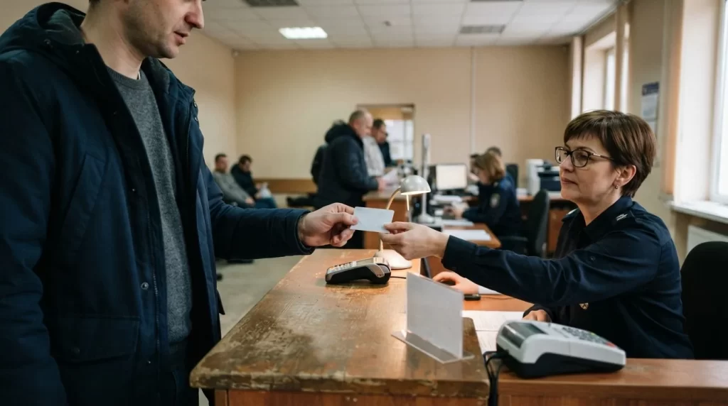 Persona entregando su cedula en la taquilla de un registro civil para la constancia de residencia