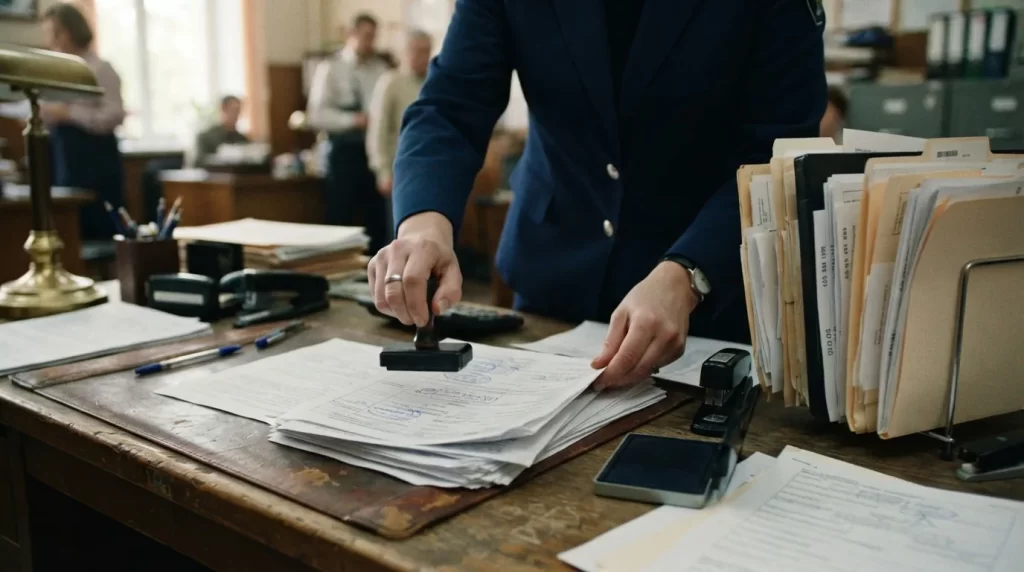 Funcionario sellando y ordenando documentos oficiales en una oficina publica
