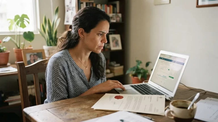 Mujer venezolana usando su laptop para banca en linea con una carta oficial sellada sobre el escritorio: referencia bancaria en Venezuela