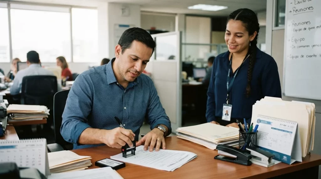 Jefe de personal firmando y sellando una constancia laboral en su escritorio de oficina mientras una empleada observa: Forma 14-100 del IVSS