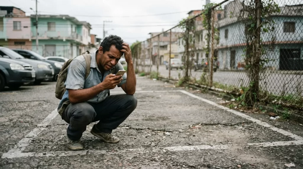 Hombre agachado junto a un espacio vacio de estacionamiento llamando por telefono: denuncia por robo de vehiculo