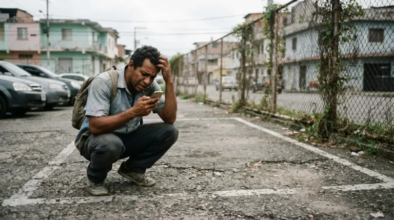 Hombre agachado junto a un espacio vacio de estacionamiento llamando por telefono: denuncia por robo de vehiculo
