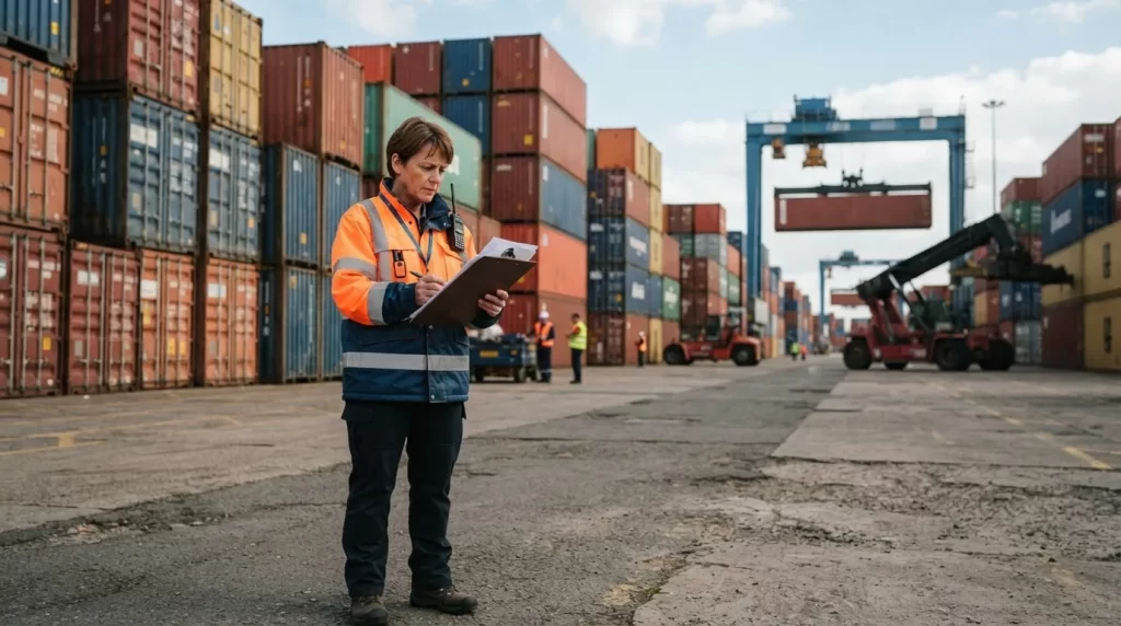 Contenedores de carga en un puerto con un profesional de aduanas revisando documentos