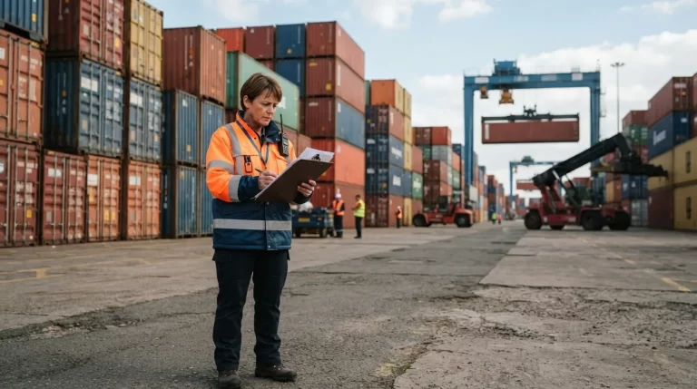 Contenedores de carga en un puerto con un profesional de aduanas revisando documentos