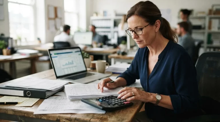Contador calculando retenciones con documentos de nomina y una laptop en el escritorio