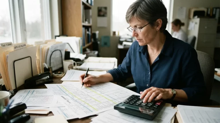 Contadora calculando el aporte trimestral de nomina en el escritorio