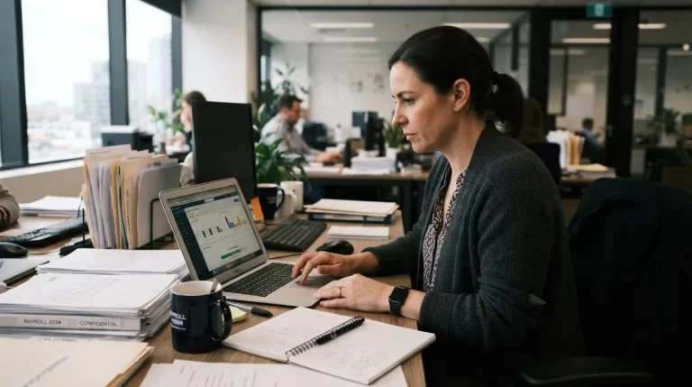 Administrador declarando los aportes de nomina en linea desde una laptop