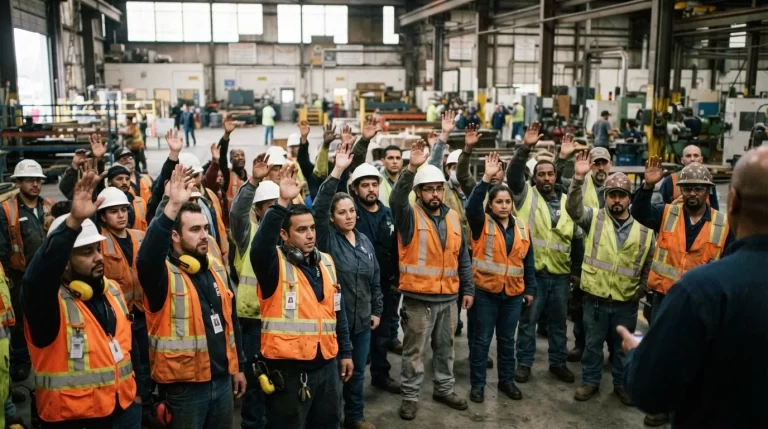 Trabajadores eligiendo a sus delegados de prevencion en una reunion