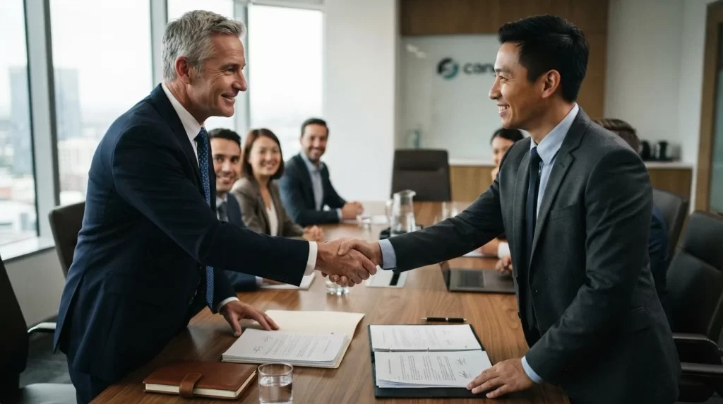 Firma de una convencion colectiva entre representantes de empresa y sindicato