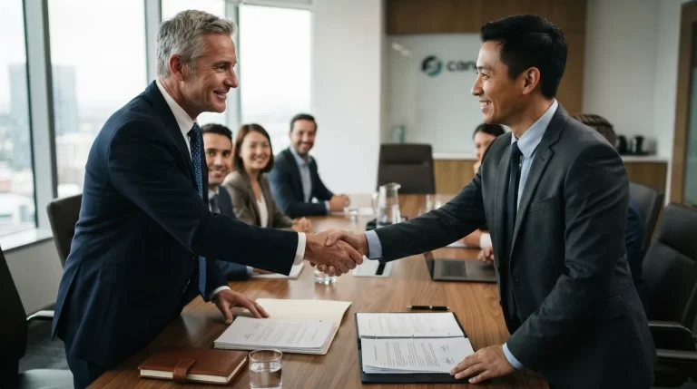 Firma de una convencion colectiva entre representantes de empresa y sindicato
