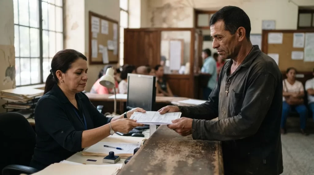 Hombre entregando documentos a una funcionaria del Registro Civil en una oficina municipal con actitud respetuosa: registro y declaracion de defuncion en Venezuela