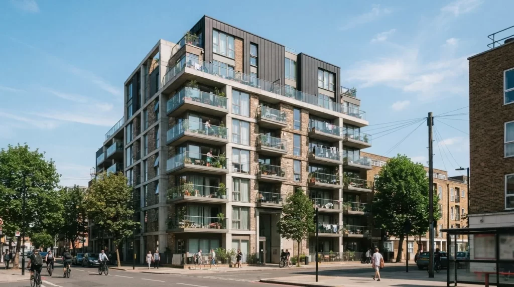 Edificio residencial de apartamentos moderno con balcones visto desde afuera