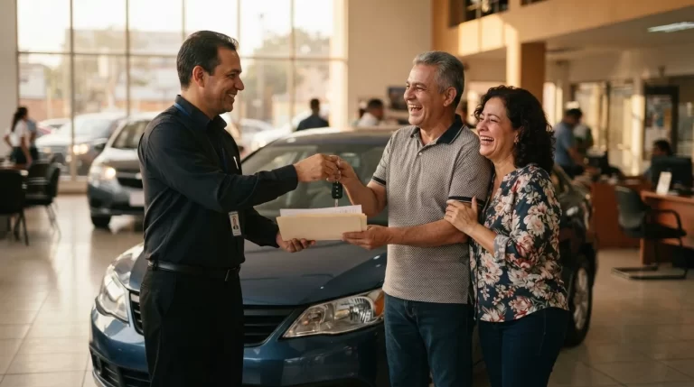 Vendedor entregando las llaves y documentos de un carro nuevo a una pareja en un concesionario: registro de vehiculo 0km ante el INTT