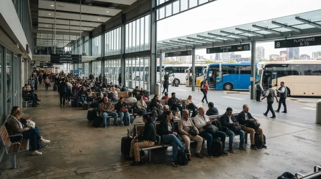 Vista amplia de una terminal de autobuses con pasajeros esperando en los andenes: licencia de operacion de terminales terrestres de pasajeros