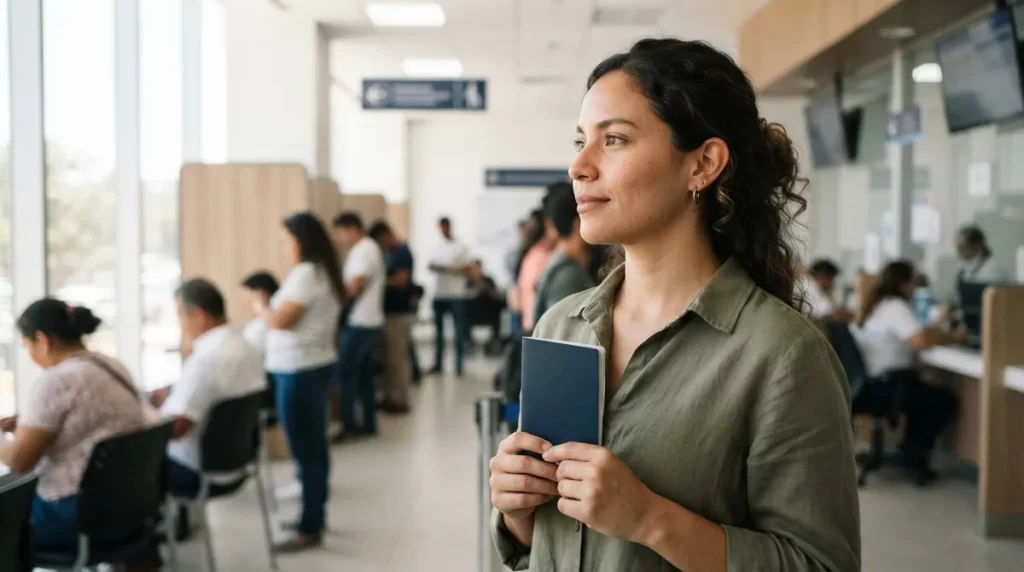 Mujer venezolana con su pasaporte esperando en una oficina consular: trámite de pasaporte en el exterior