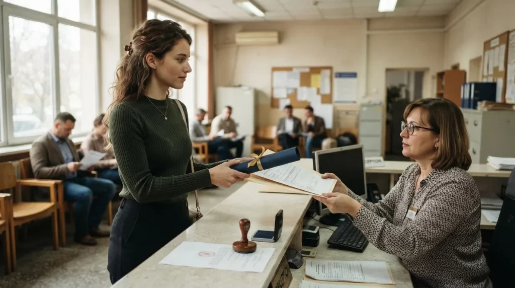 Mujer entregando su titulo universitario y carpeta de documentos en el mostrador de una oficina del MPPEU: registro y legalizacion de titulo universitario