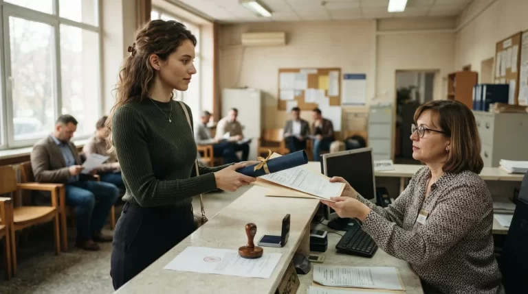 Mujer entregando su titulo universitario y carpeta de documentos en el mostrador de una oficina del MPPEU: registro y legalizacion de titulo universitario