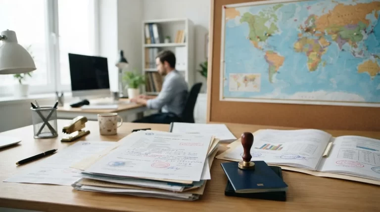 Escritorio con documentos escolares del exterior un mapa mundial y un pasaporte junto a un sello