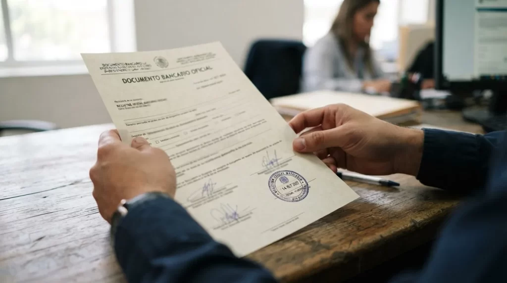 Manos sosteniendo un estado de cuenta bancario sellado sobre un escritorio