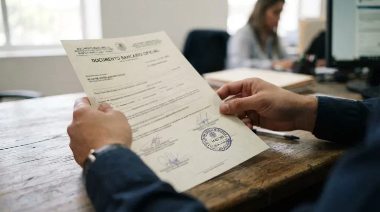 Manos sosteniendo un estado de cuenta bancario sellado sobre un escritorio