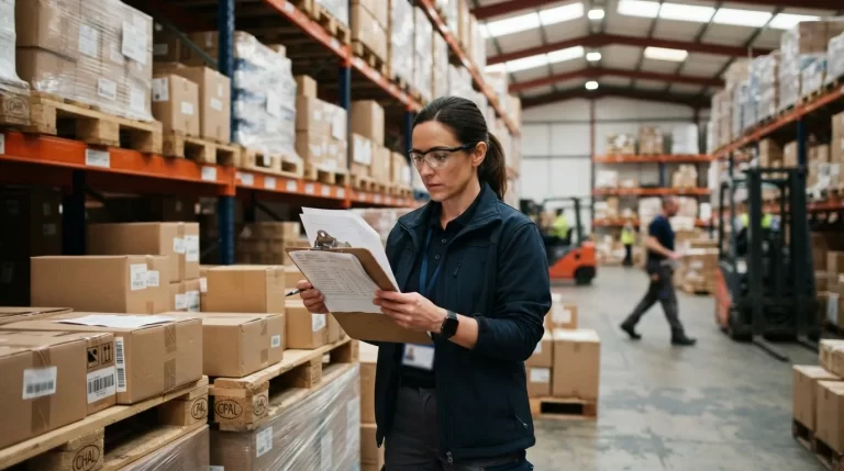 Profesional revisando documentos frente a cajas de carga en un almacen de importacion