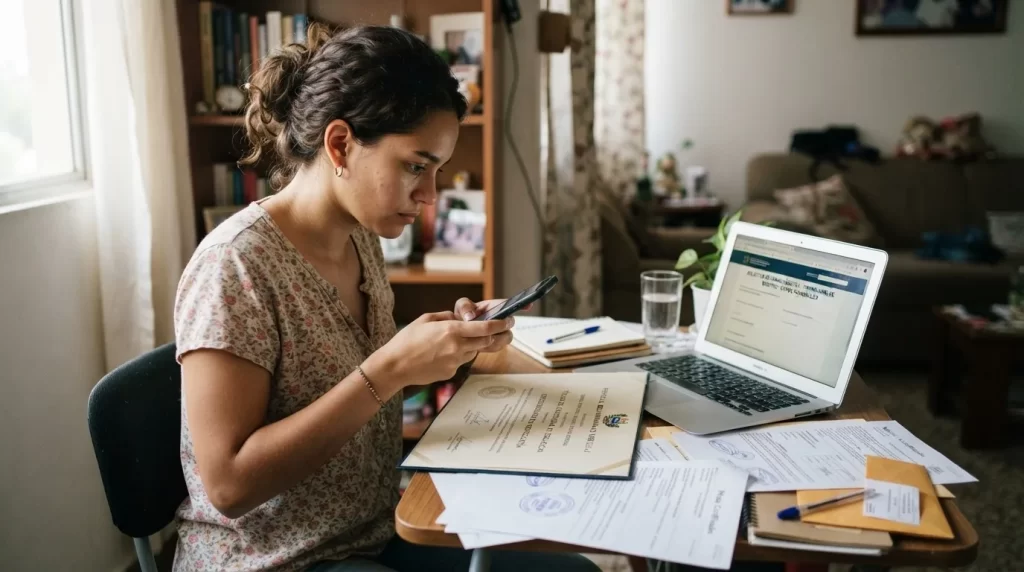 Mujer escaneando su titulo universitario con el telefono junto a una laptop con un formulario de solicitud: homologacion del titulo universitario venezolano en Espana