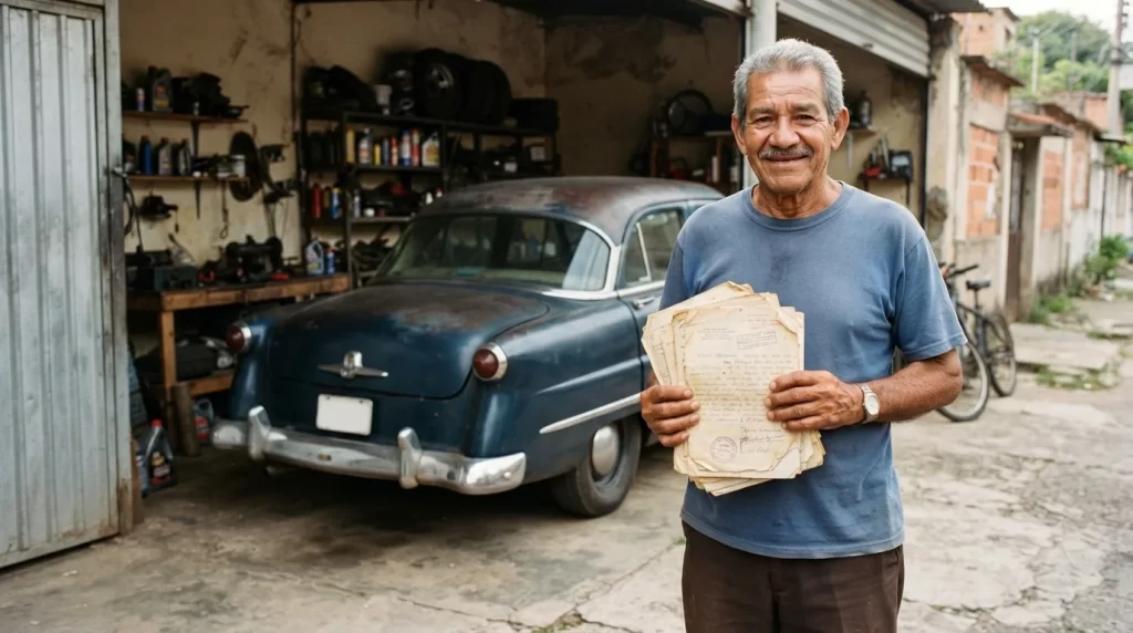 Hombre mayor sostiene papeles antiguos junto a un carro clasico viejo en su garaje: registro de vehiculos rezagados o nunca registrados en Venezuela