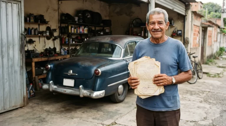 Hombre mayor sostiene papeles antiguos junto a un carro clasico viejo en su garaje: registro de vehiculos rezagados o nunca registrados en Venezuela