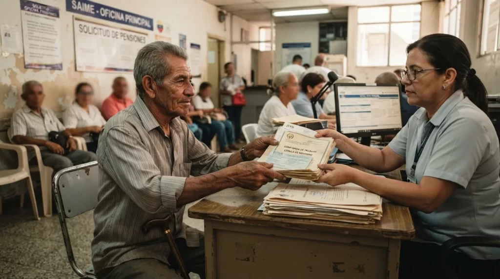 Hombre mayor entregando sus constancias de trabajo a una funcionaria en una oficina de pensiones: pension por vejez del IVSS en Venezuela