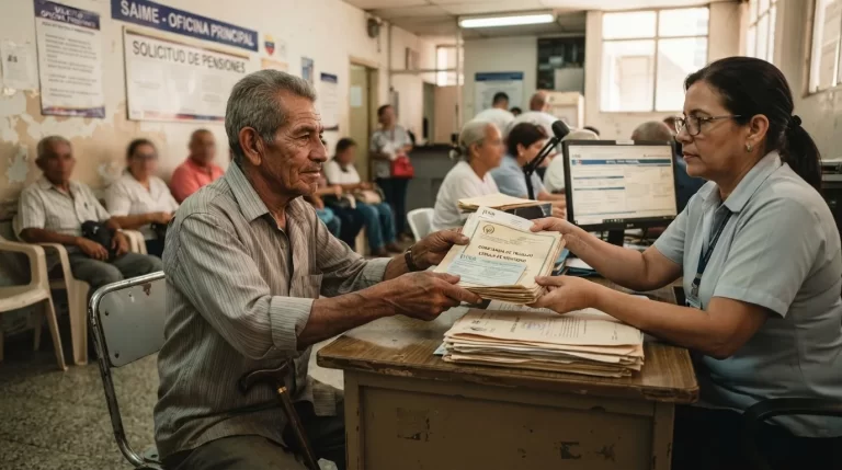 Hombre mayor entregando sus constancias de trabajo a una funcionaria en una oficina de pensiones: pension por vejez del IVSS en Venezuela