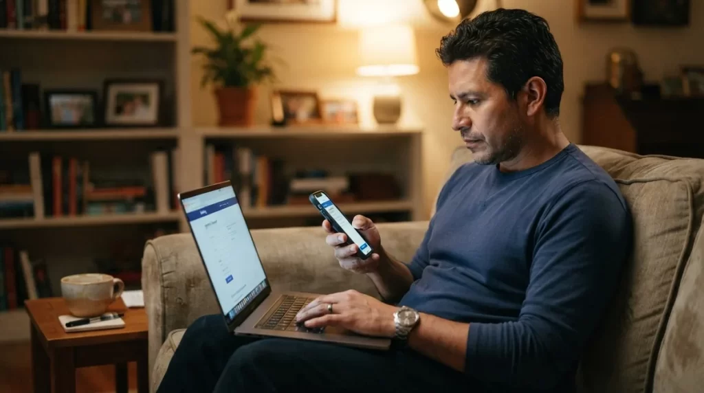 Hombre actualizando un tramite en linea con laptop y telefono: actualizar el RIF en el SENIAT