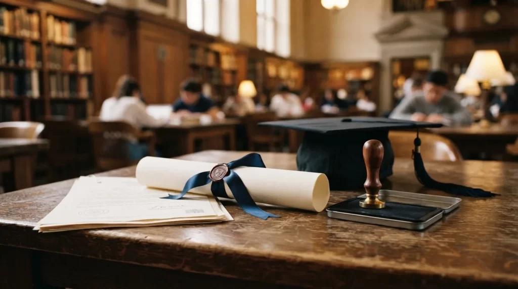 Titulo universitario y sus copias fondo negro sobre un escritorio junto a un sello oficial