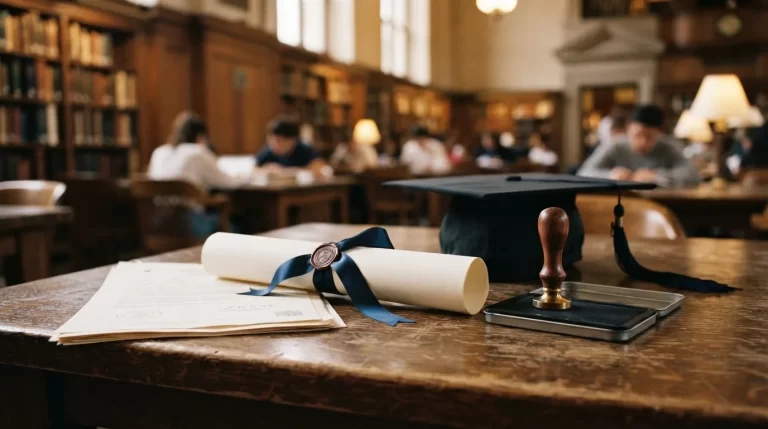 Titulo universitario y sus copias fondo negro sobre un escritorio junto a un sello oficial