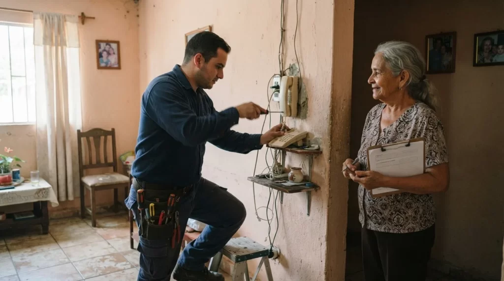 Técnico instalando una línea telefónica fija en la pared de una sala mientras la dueña de casa observa con la planilla de solicitud en mano: instalación de línea CANTV en Venezuela