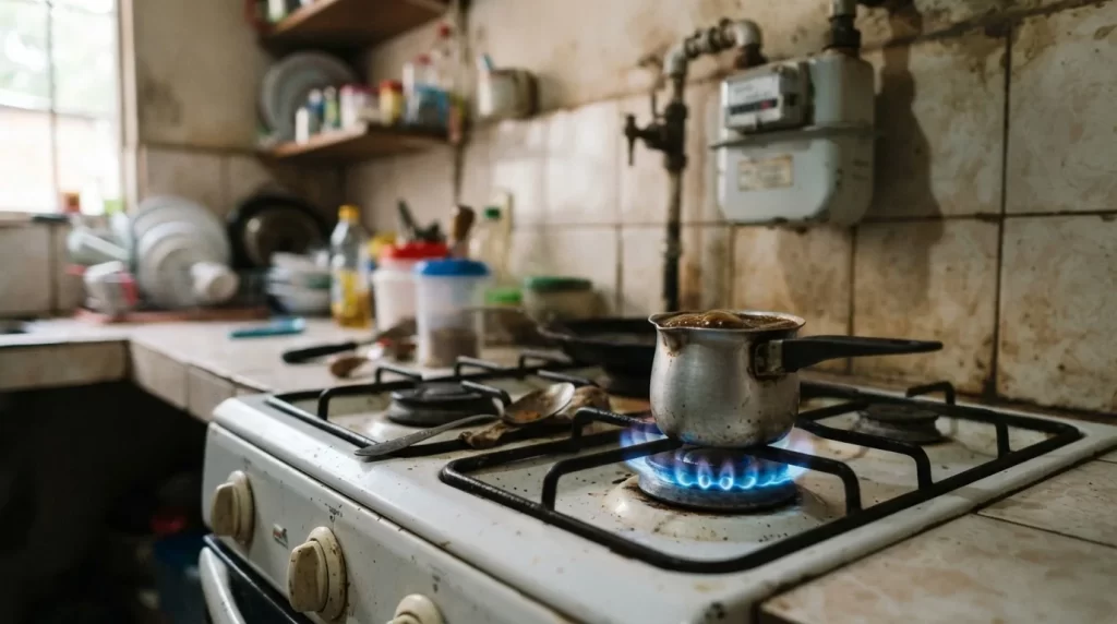 Cocina con hornilla de gas directo domiciliario encendida y medidor de gas al fondo