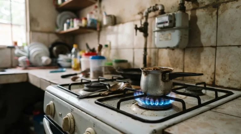 Cocina con hornilla de gas directo domiciliario encendida y medidor de gas al fondo