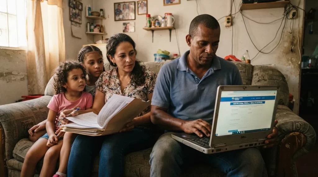 Familia venezolana revisando documentos y un portal de vivienda en su laptop desde el sofa de casa: registro en la Gran Mision Vivienda Venezuela